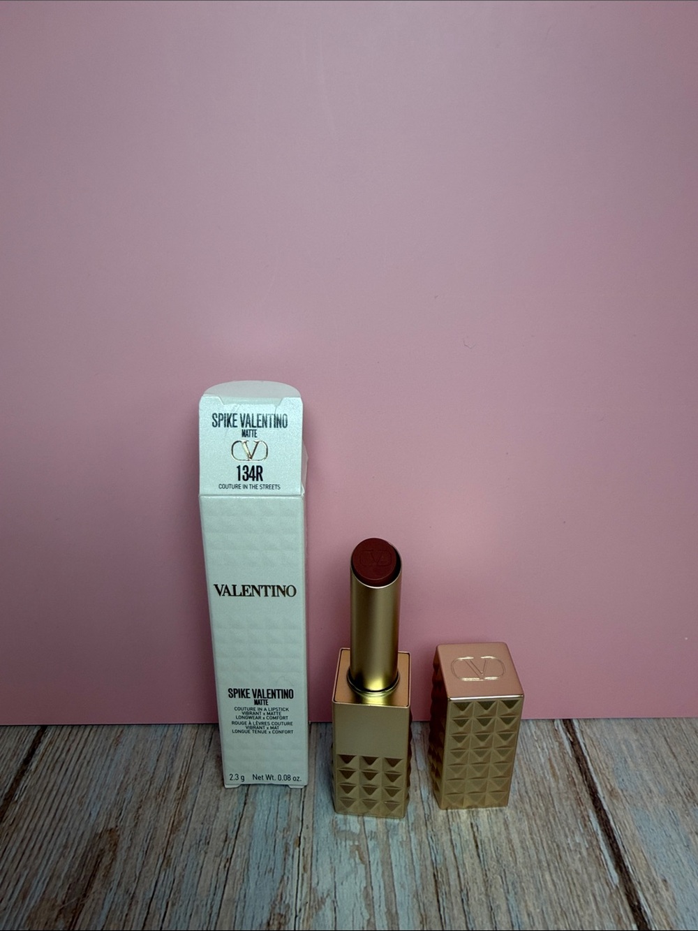 Valentino Spike Valentino Matte lipstick in 134 R Couture in the streets.